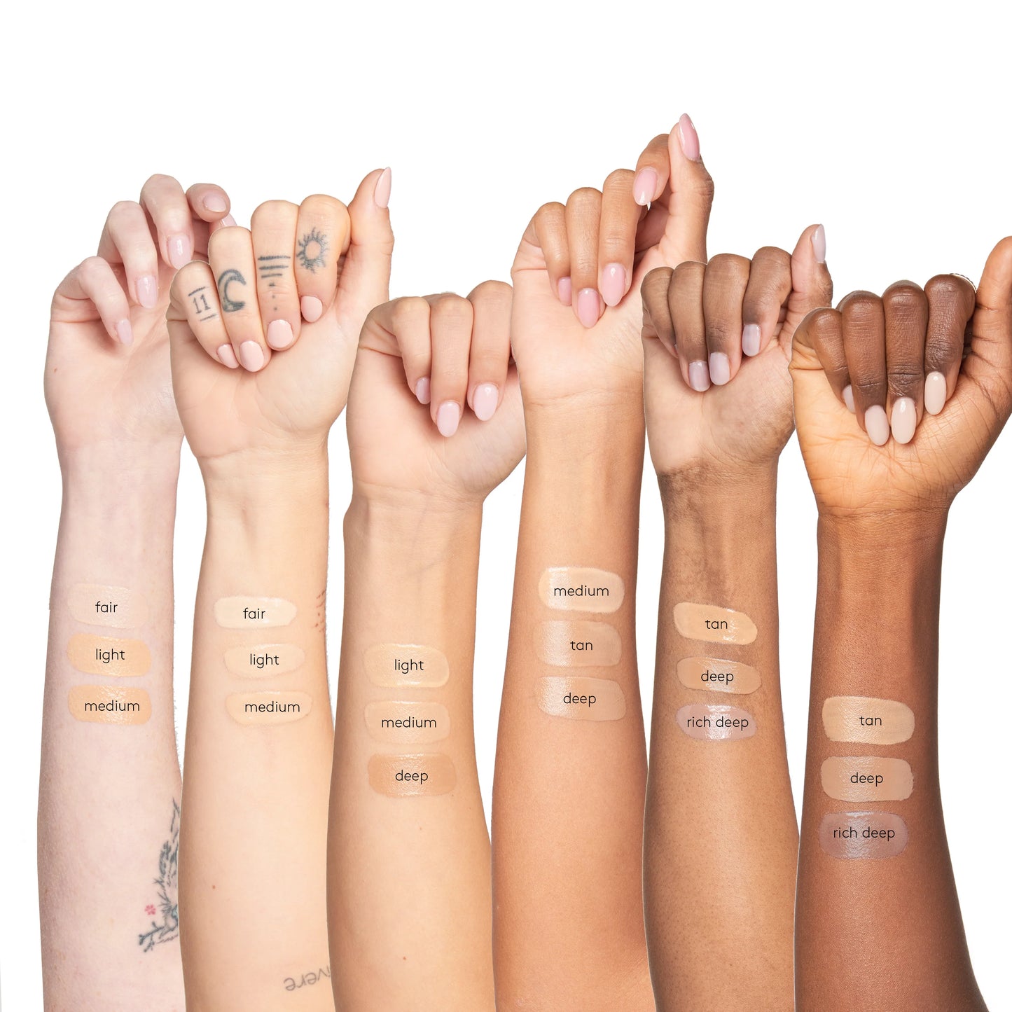 Hands of various skin tones with makeup swatches labeled from 'fair' to 'rich deep'.