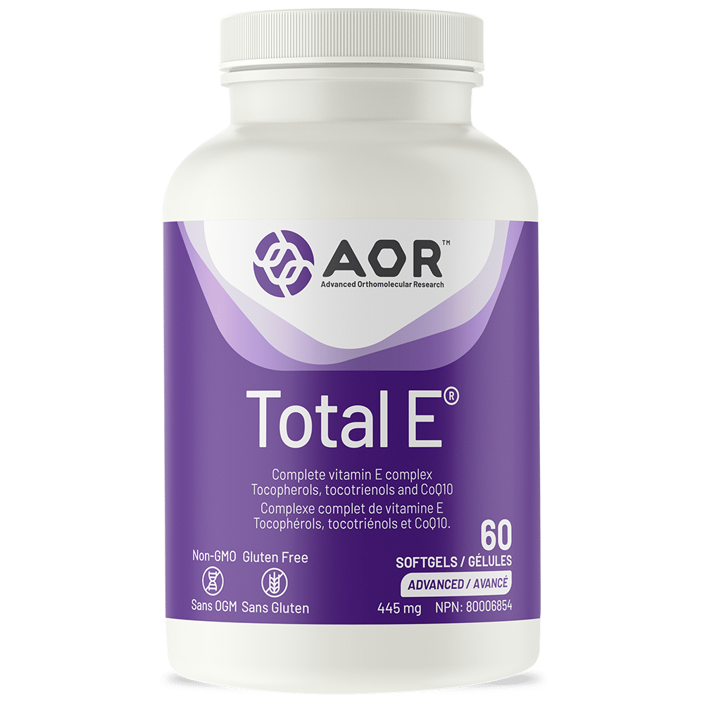 Vitamin supplement bottle labeled 'Total E' by AOR on a white background