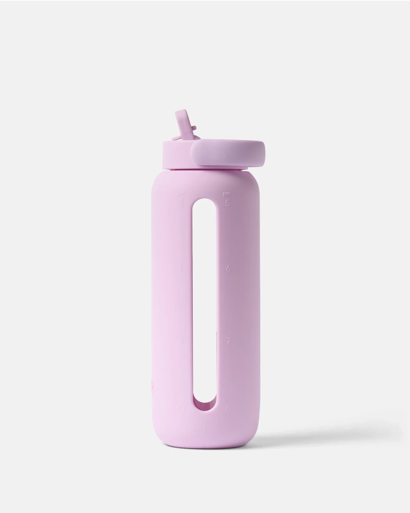 Pink water bottle with a straw lid on a white background