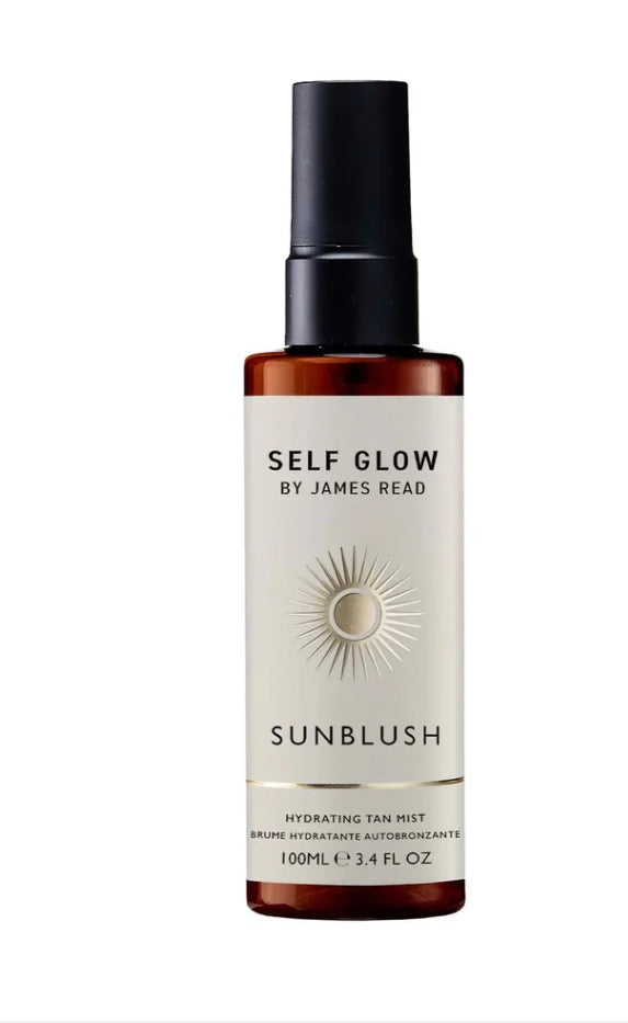 Bottle of Self Glow by James Read Sunblush Hydrating Tan Mist on a white background