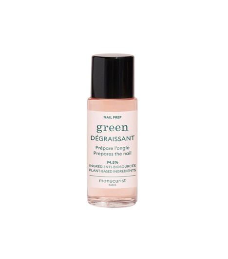 Bottle of green nail prep on a white background, Manicurist Paris, green and clean nail polish