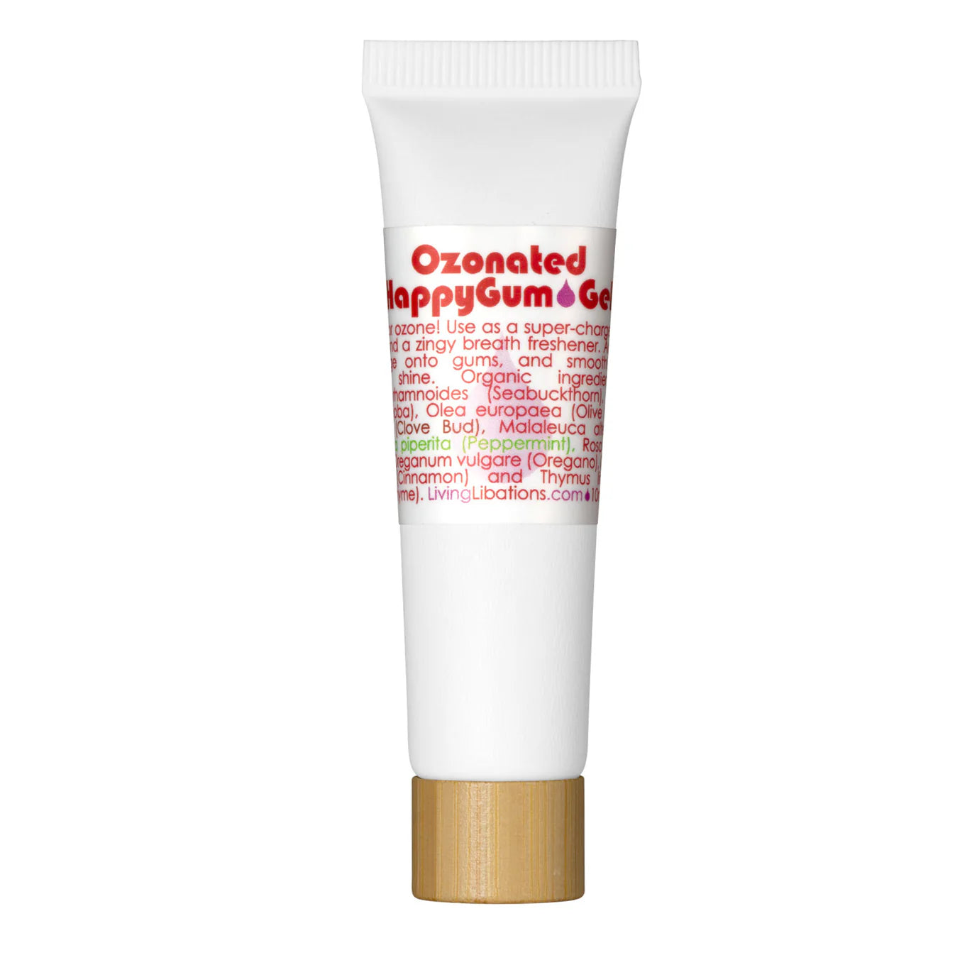 White tube with a wooden cap labeled 'HappyGum' on a white background