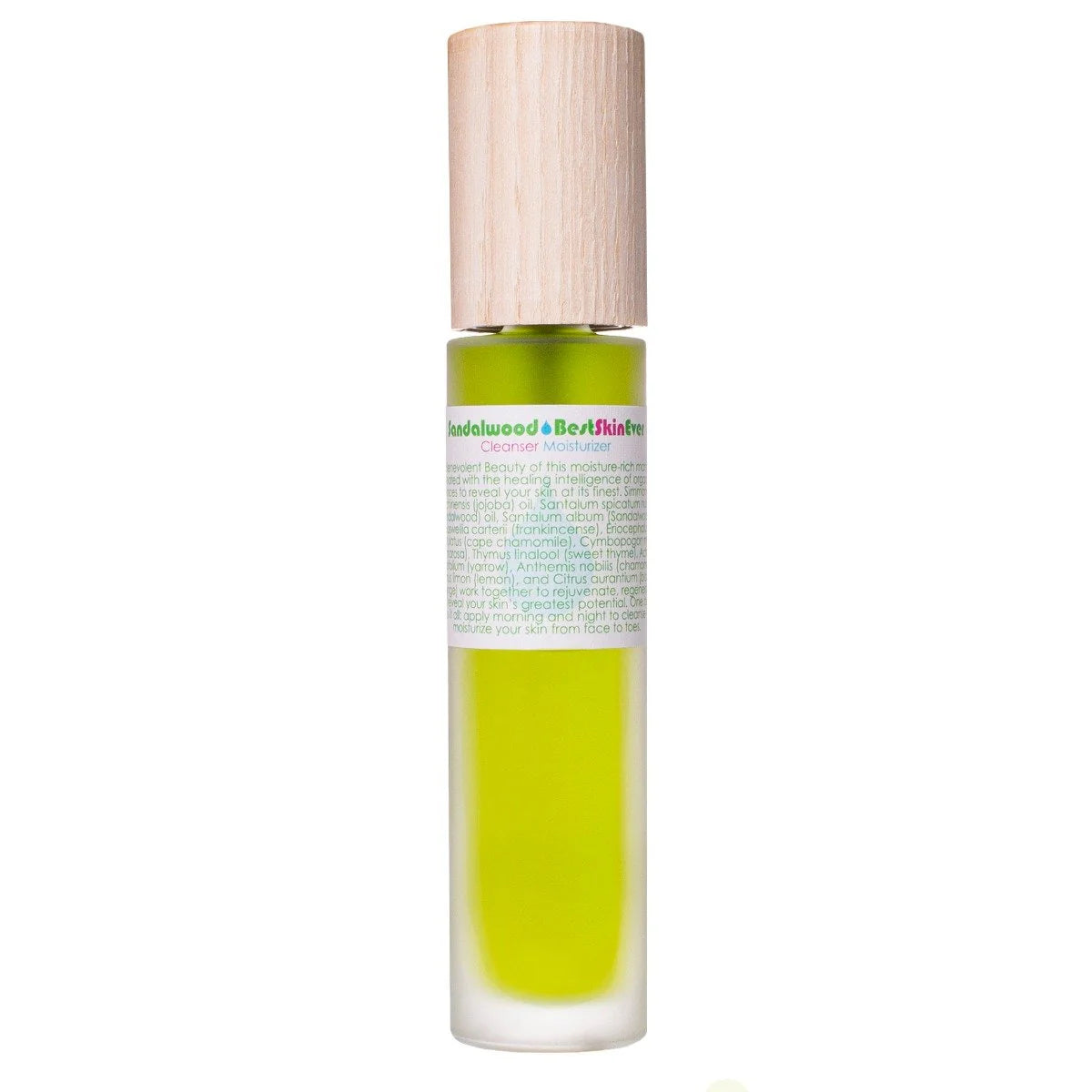 Skincare serum bottle with green liquid and wooden cap on a white background