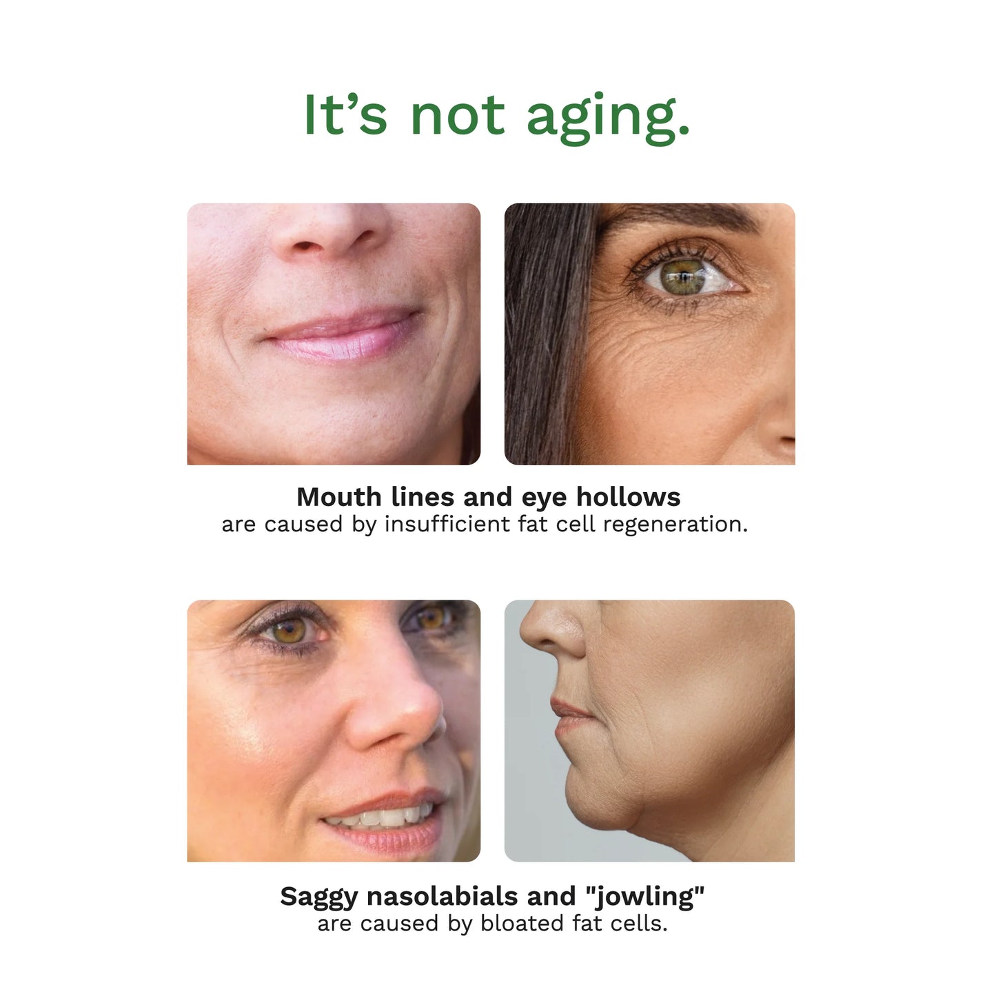 Advertisement about facial aging issues and their causes, with close-up images of a woman's face.