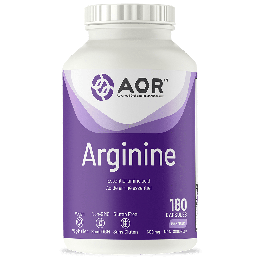 Supplement bottle labeled 'Arginine' by AOR on a white background