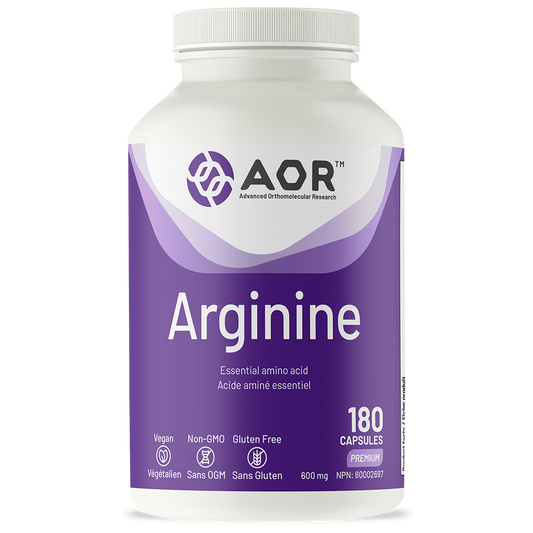 Supplement bottle labeled 'Arginine' by AOR on a white background