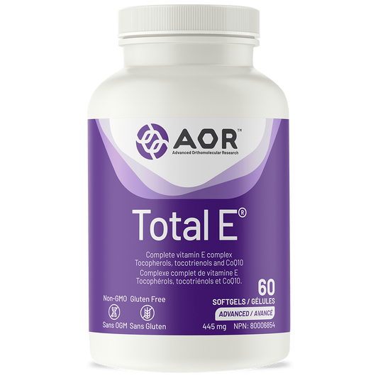 Vitamin supplement bottle labeled 'Total E' by AOR on a white background