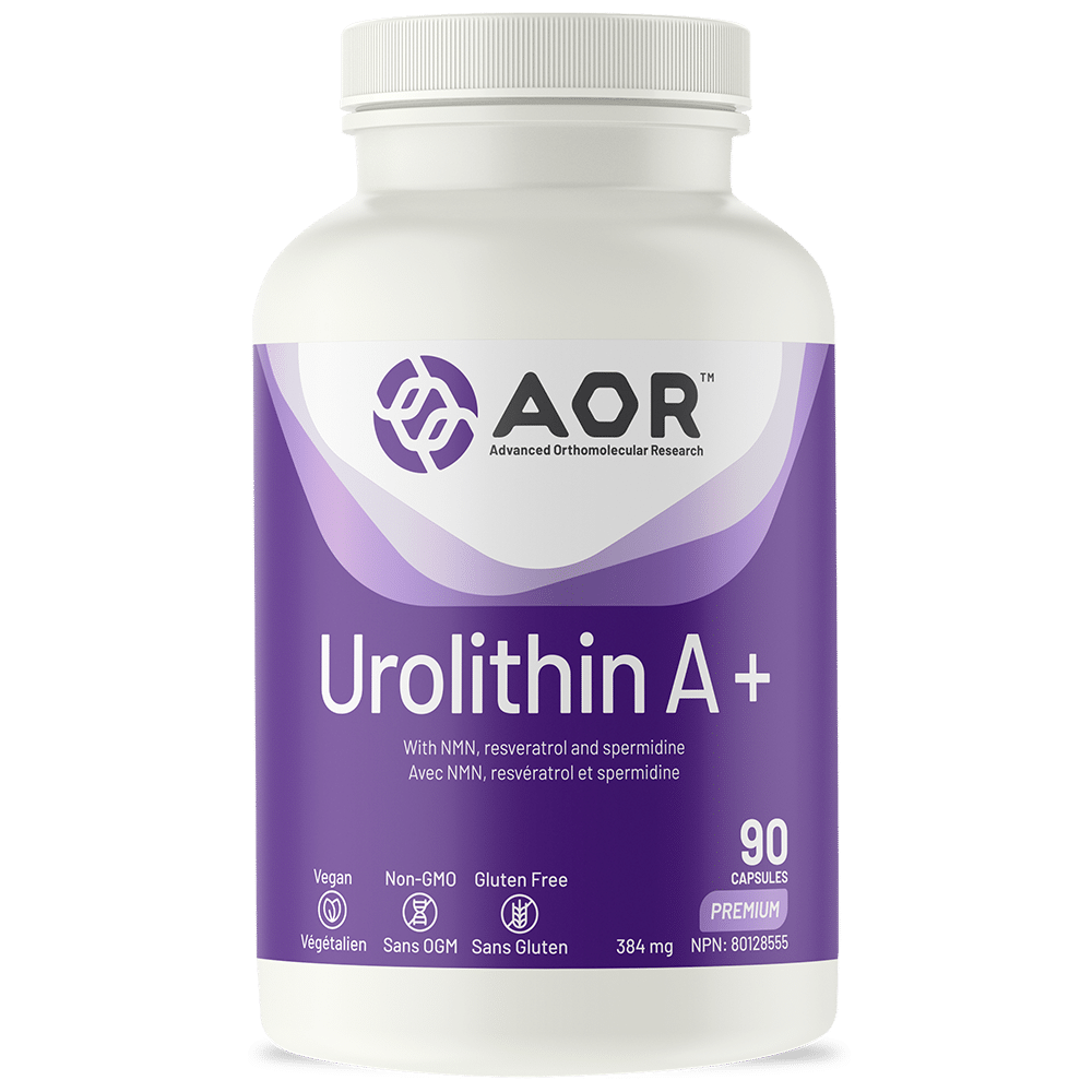 Supplement bottle labeled 'Urolithin A+' by AOR on a white background