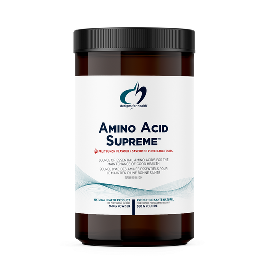 Amino Acid Supreme supplement container with a white label on a white background