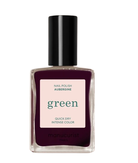Nail polish bottle with aubergine color and 'green' text on a white background