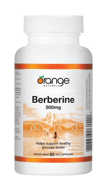 Bottle of Orange Naturals Berberine 500mg supplement on a white background