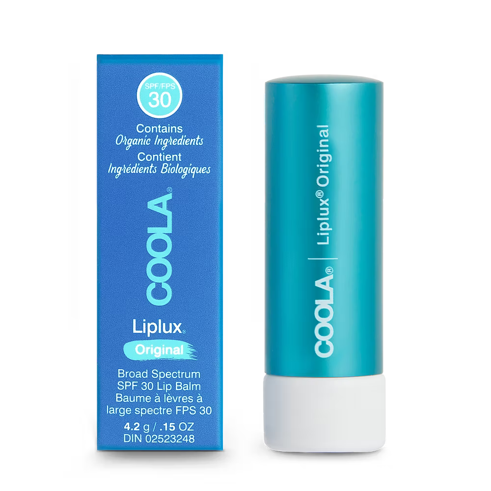Coola Liplux Original SPF 30 lip balm and packaging on a white background