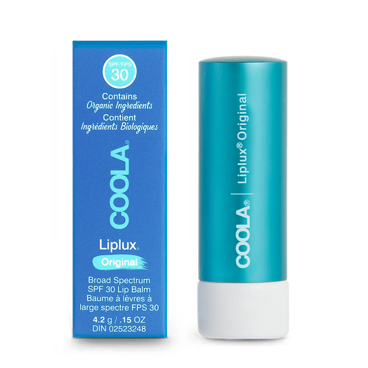 Coola Liplux Original SPF 30 lip balm and packaging on a white background