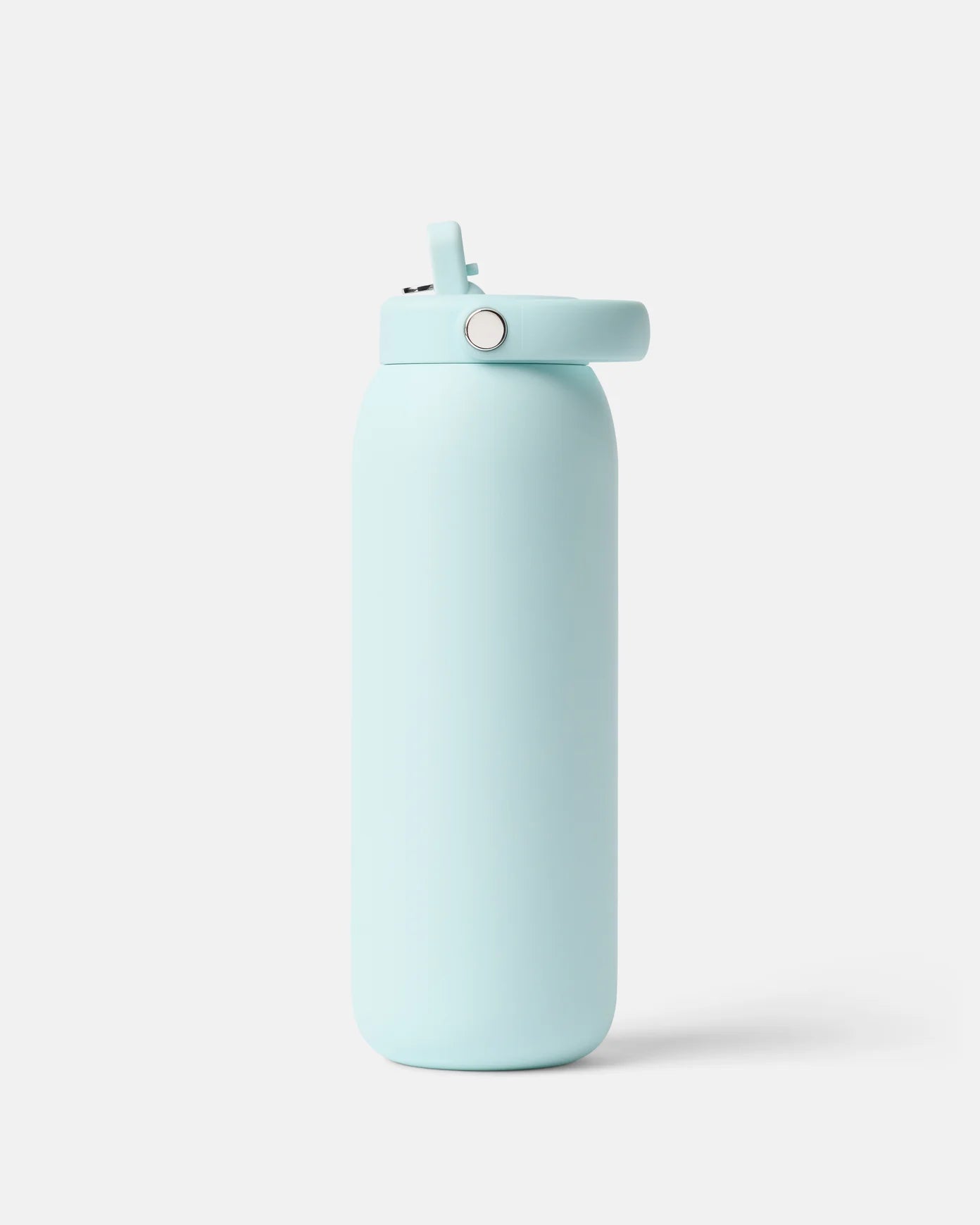 A light pastel blue insulated water bottle with a matching flip-top lid, shown on a clean light gray background.