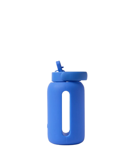 Blue water bottle with a straw lid on a white background BINK
