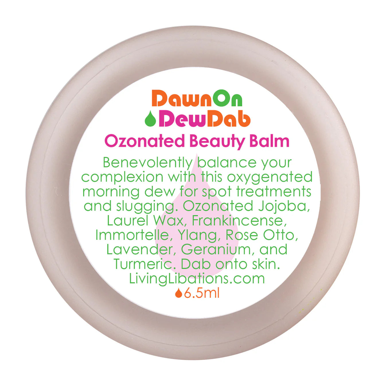 Ozonated beauty balm container with product description on a white background