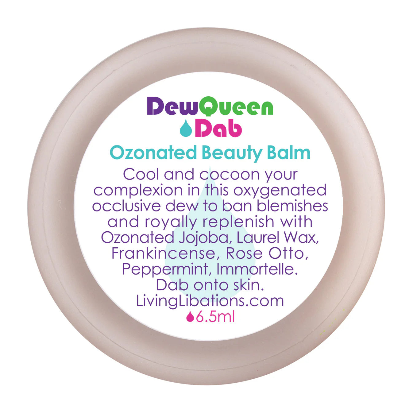 Ozonated beauty balm container with DewQueen branding and product description on a white background