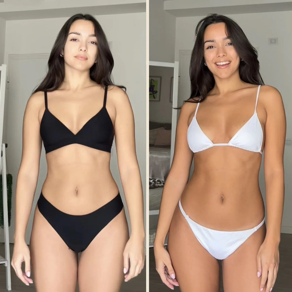 Two images of a woman wearing black and white bikini sets indoors.