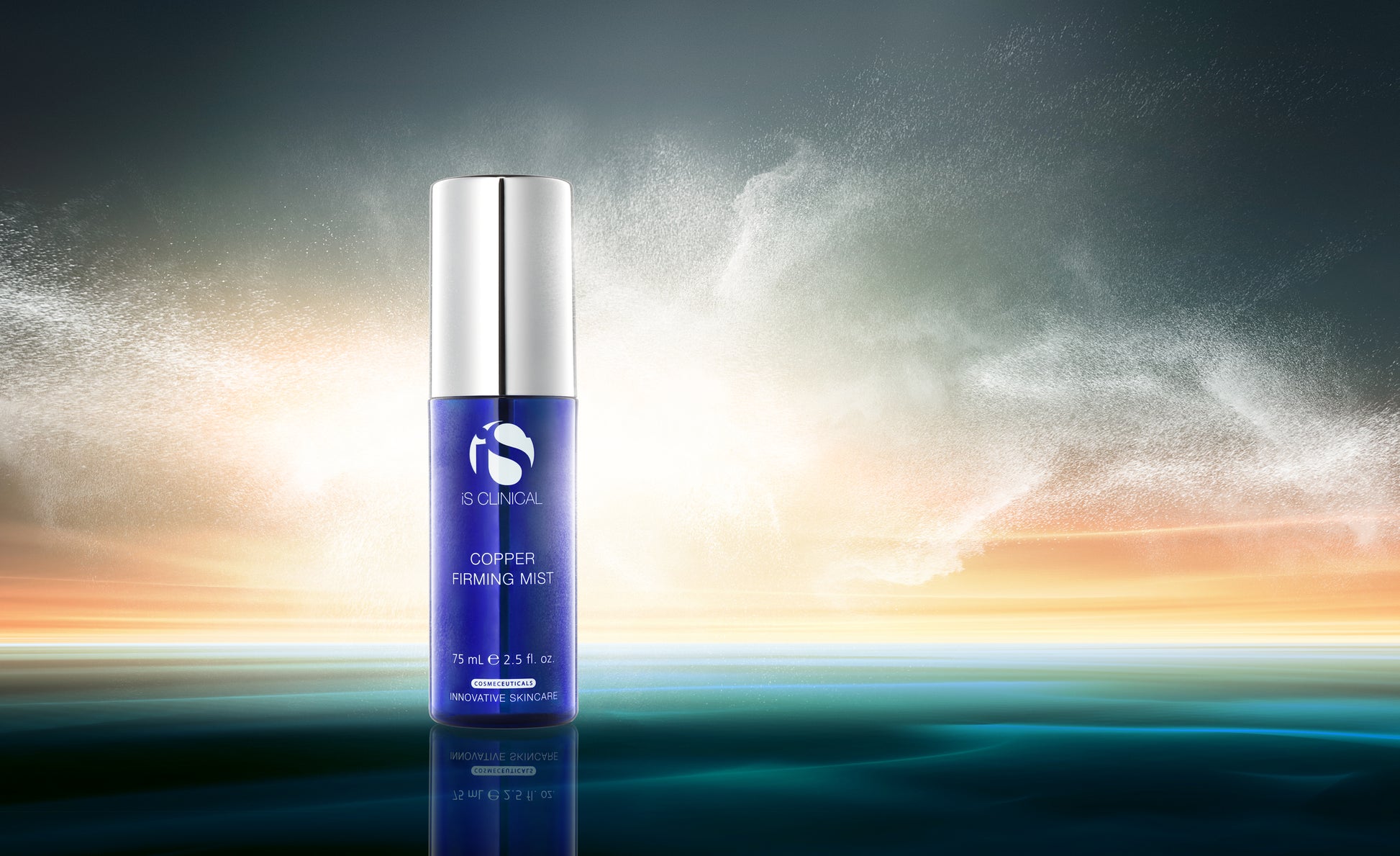 Blue skincare bottle with 'rs' branding on a gradient background