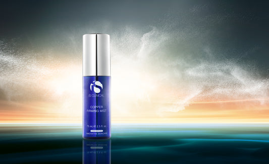 Blue skincare bottle with 'rs' branding on a gradient background