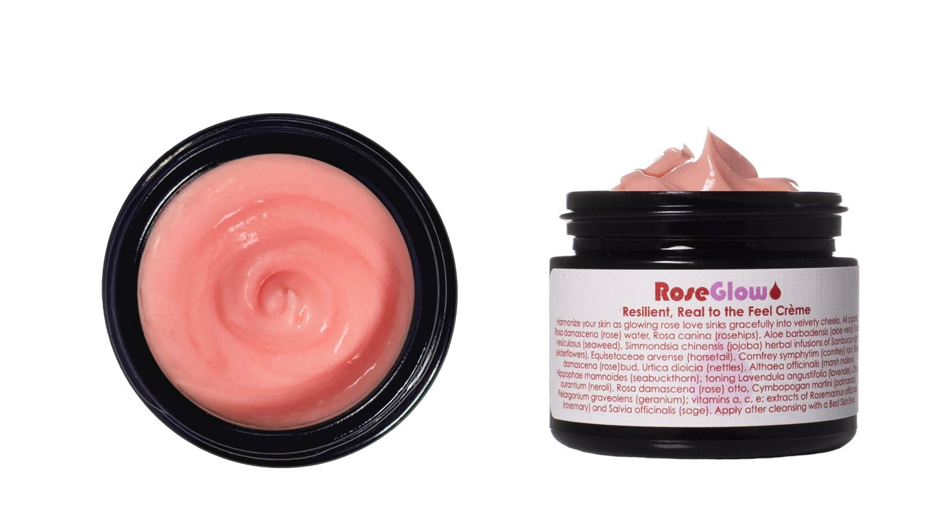 Rose Glow cream jar with pink cream and visible label on a white background