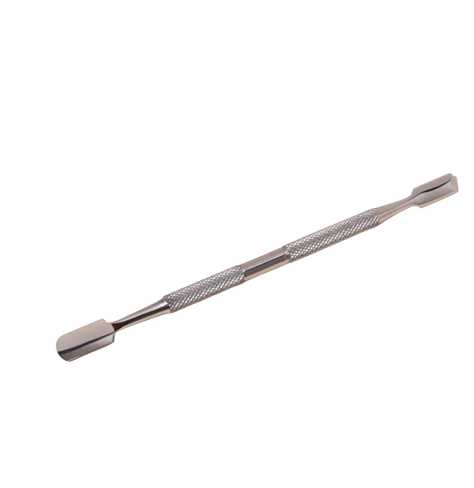 Metal tool with a textured handle on a beige background