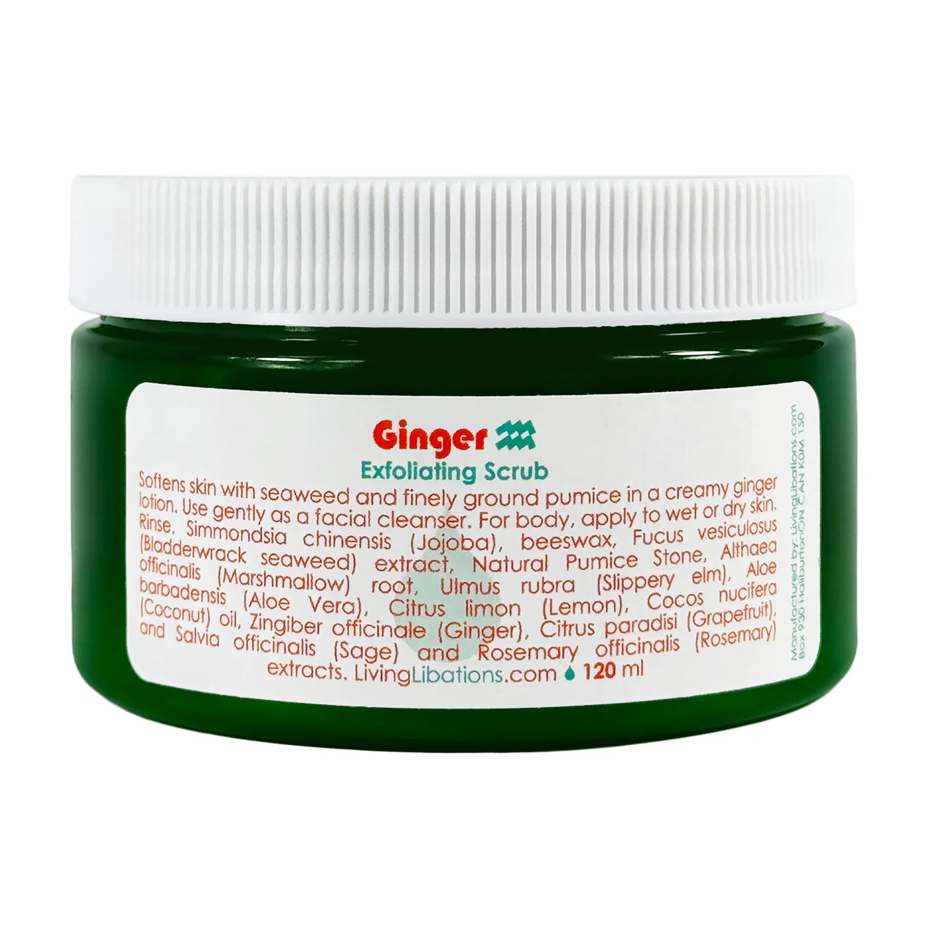 Green jar of Ginger Exfoliating Scrub with a white label on a white background
