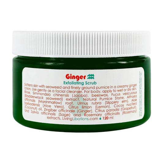 Green jar of Ginger Exfoliating Scrub with a white label on a white background