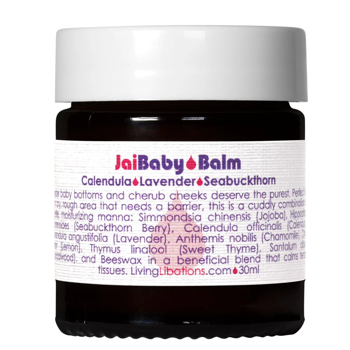 Jar of Jai Baby Balm with a white label on a white background