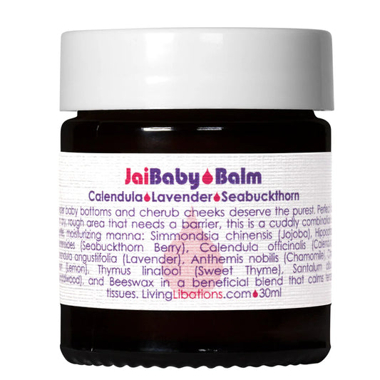 Jar of Jai Baby Balm with a white label on a white background