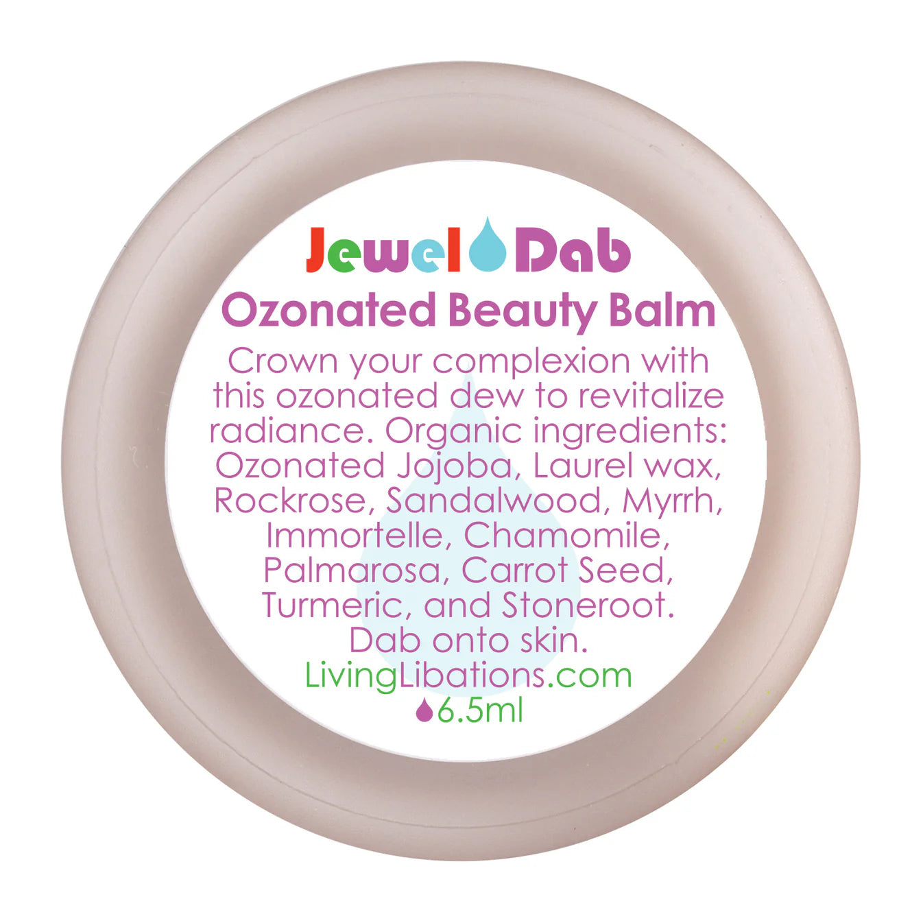 Jewel Dab Ozonated Beauty Balm container with product description on a white background