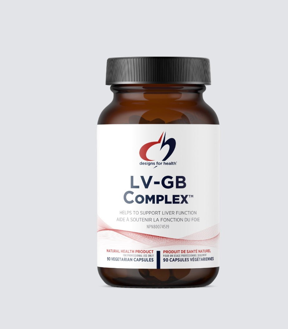 Brown supplement bottle labeled 'LV-GB Complex' on a light gray background