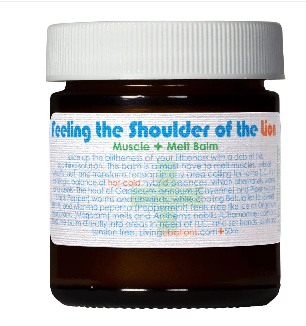 Balm jar labeled 'Feeling the Shoulder of the Lion' on a white background