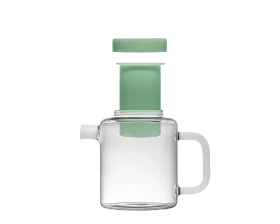 Clear glass container with green lid and handle on a white background