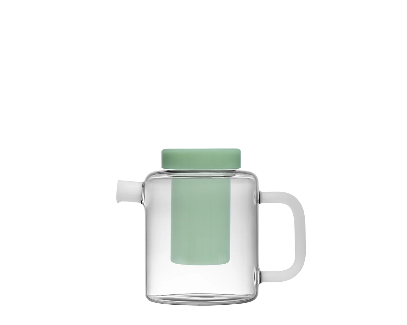 Clear glass mug with a green lid and handle on a white background