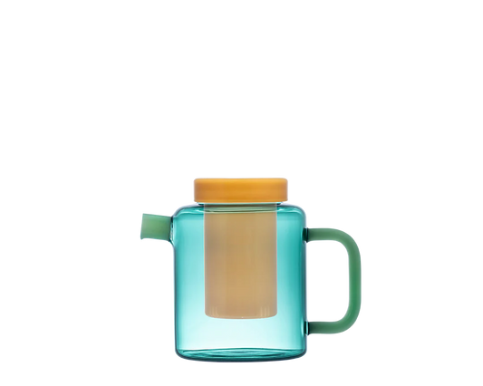 Turquoise glass mug with a yellow lid and handle on a white background