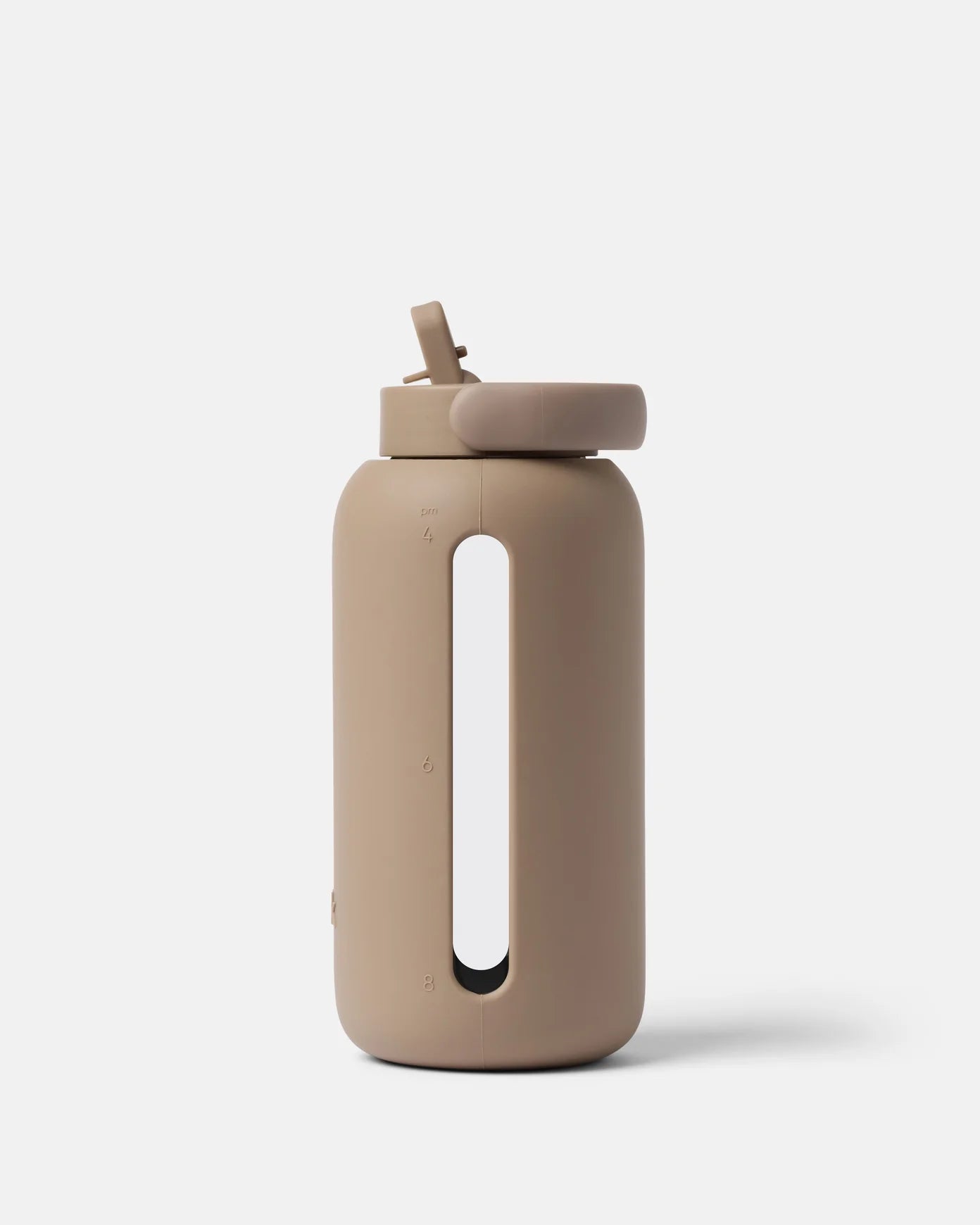 Beige water bottle with a straw lid on a white background