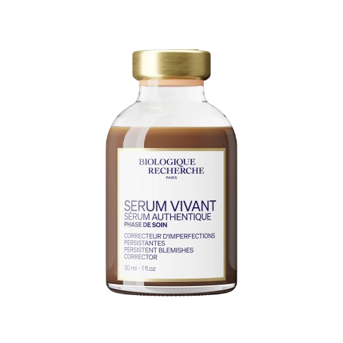 A 30 ml bottle of BioLogique Recherche 'Serum Vivant' skin corrector, featuring a clear glass bottle with a gold cap and a beige label with dark blue text.