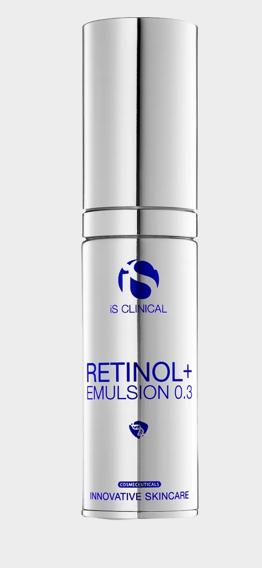 Skincare bottle labeled 'Retinol+ Emulsion 0.3' by IS Clinical on a gray background
