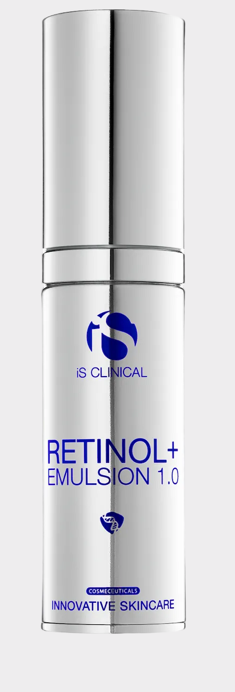 IS Clinical Retinol Emulsion 1.0 skincare bottle on a gray background
