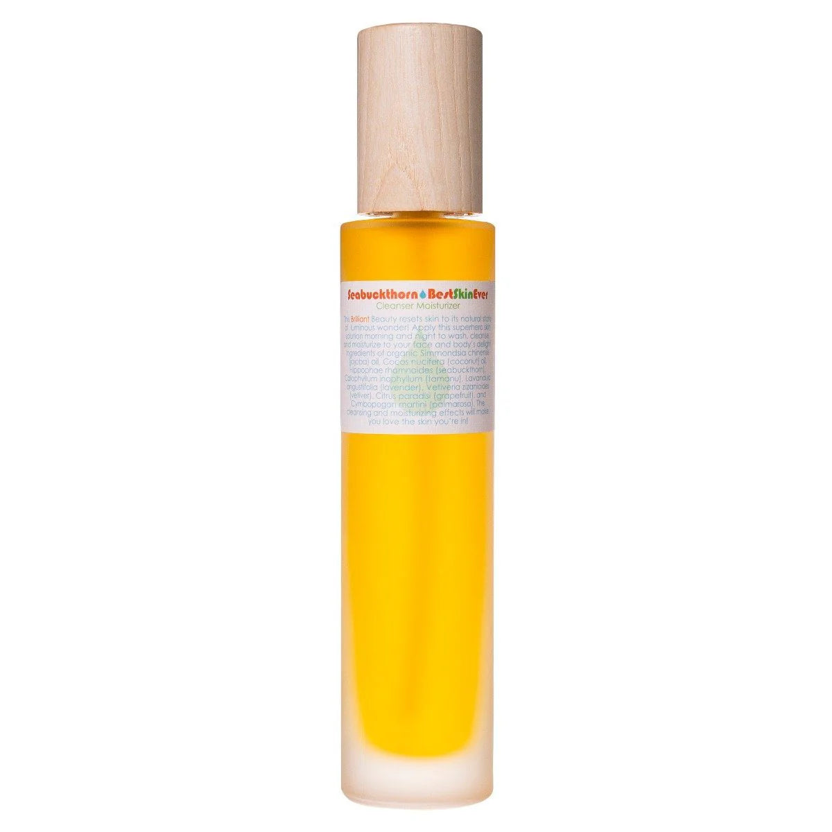 A clear bottle filled with yellow liquid, topped with a beige pump, labeled 'Best Skin Ever - Seabuckthorn'.