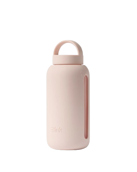 Pink water bottle with a handle on a white background