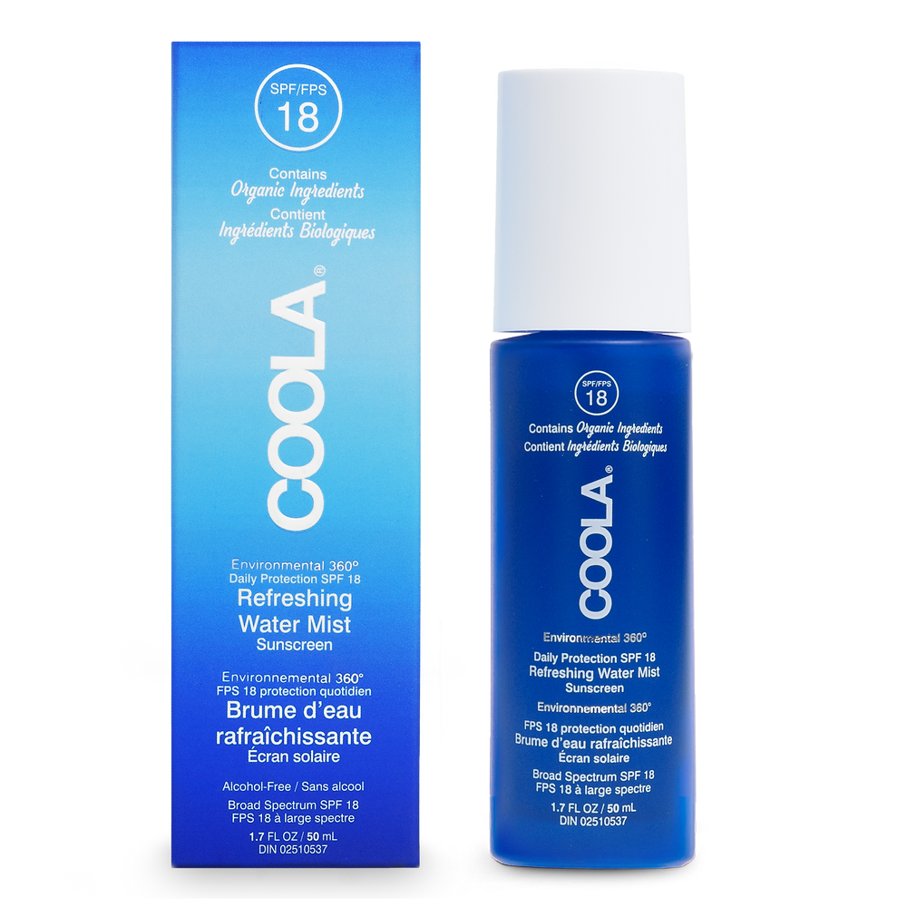 The image shows a packaging and a spray bottle of COOLA Full Spectrum 360° Refreshing Water Mist Face SPF 18 sunscreen. The main colors are blue, white, and green, with text and branding on the packaging.