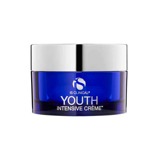 Blue jar of IS Clinical Youth Intensive Crème on a white background Vancouver