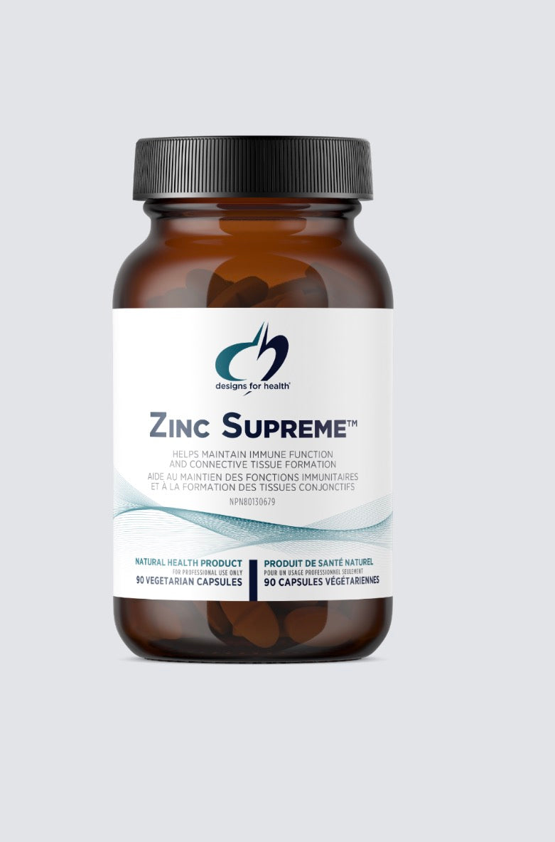 Bottle of Zinc Supreme supplement with a white label on a light gray background