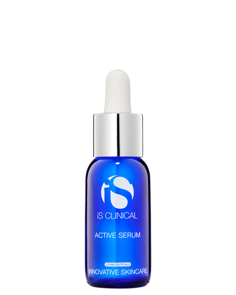 Blue serum bottle with dropper on a white background