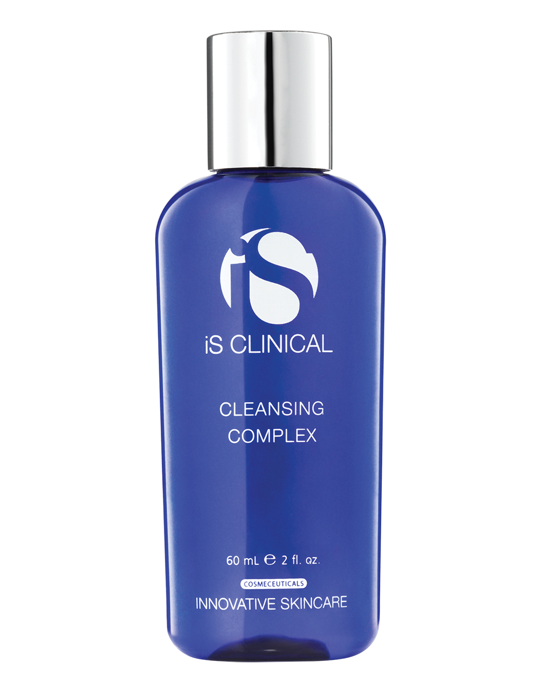 Blue bottle of iS Clinical Cleansing Complex with silver cap on a white background