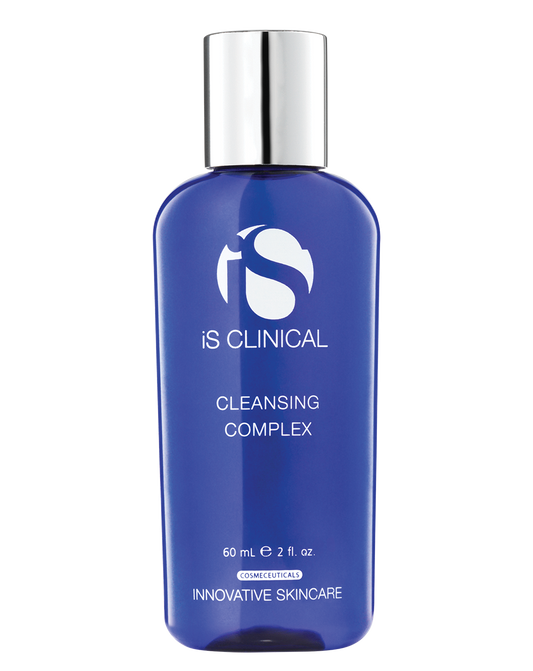 Blue bottle of iS Clinical Cleansing Complex with silver cap on a white background