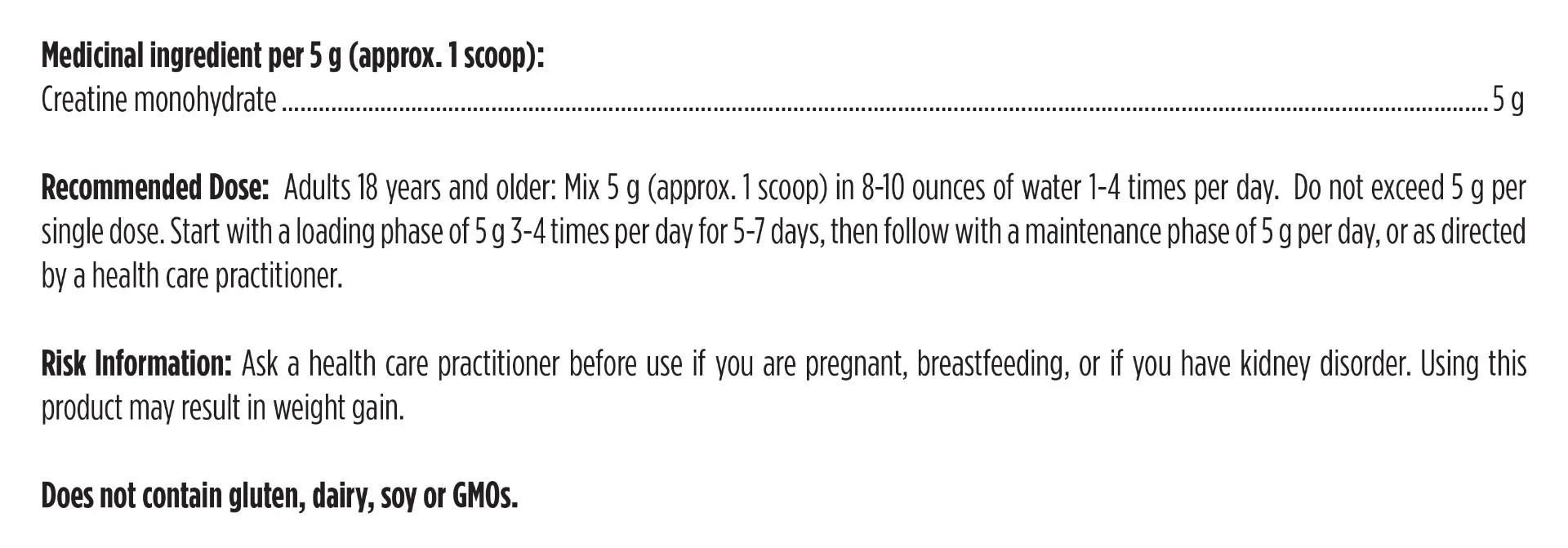 Nutritional supplement label with medicinal ingredient details and recommended use instructions.
