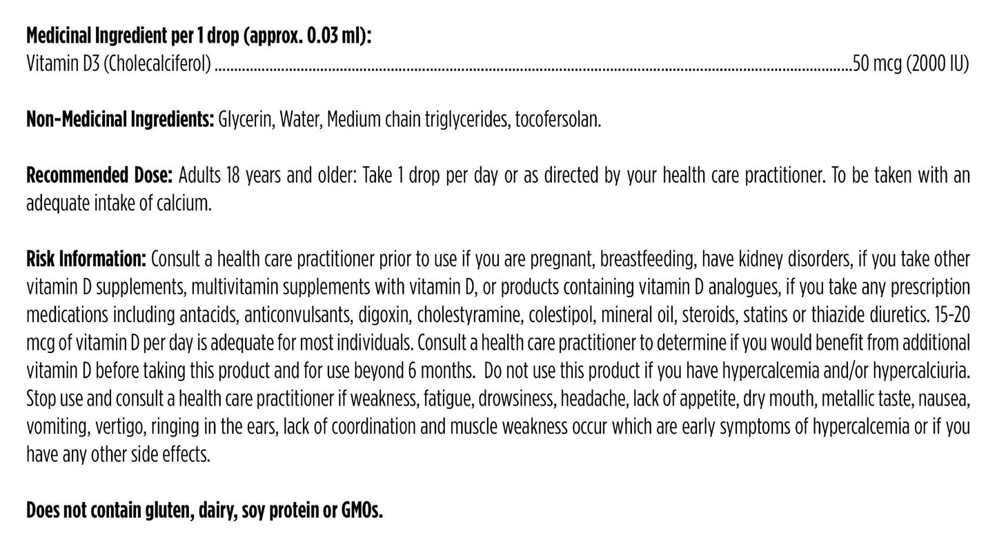 Vitamin D3 supplement label with medicinal and non-medicinal ingredients, recommended dose, and risk information.